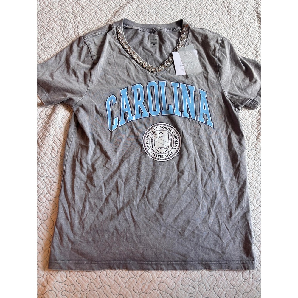 Gameday Couture UNC Chapel Hill Rhinestone V-Neck Acid Wash T-Shirt Grey Medium